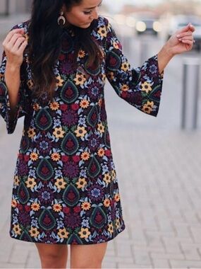 Alice + Olivia embroidered, bohemian whimsy Black Floral Mosaic Mini Dress